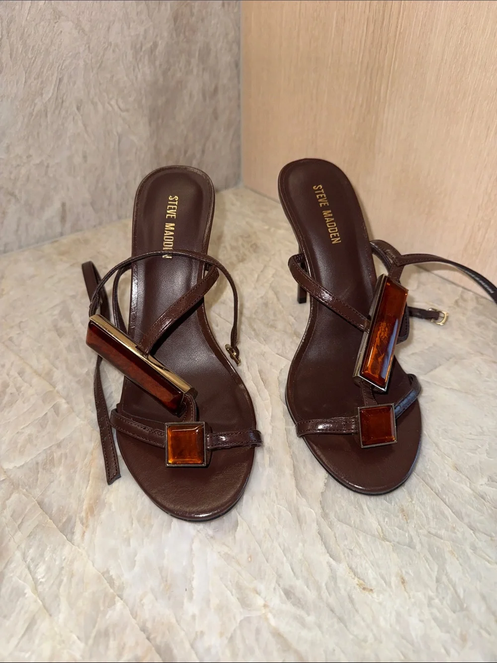 Steve Madden Dark Brown Tortoiseshell Strap Heeled Sandals - Picture 1 of 4